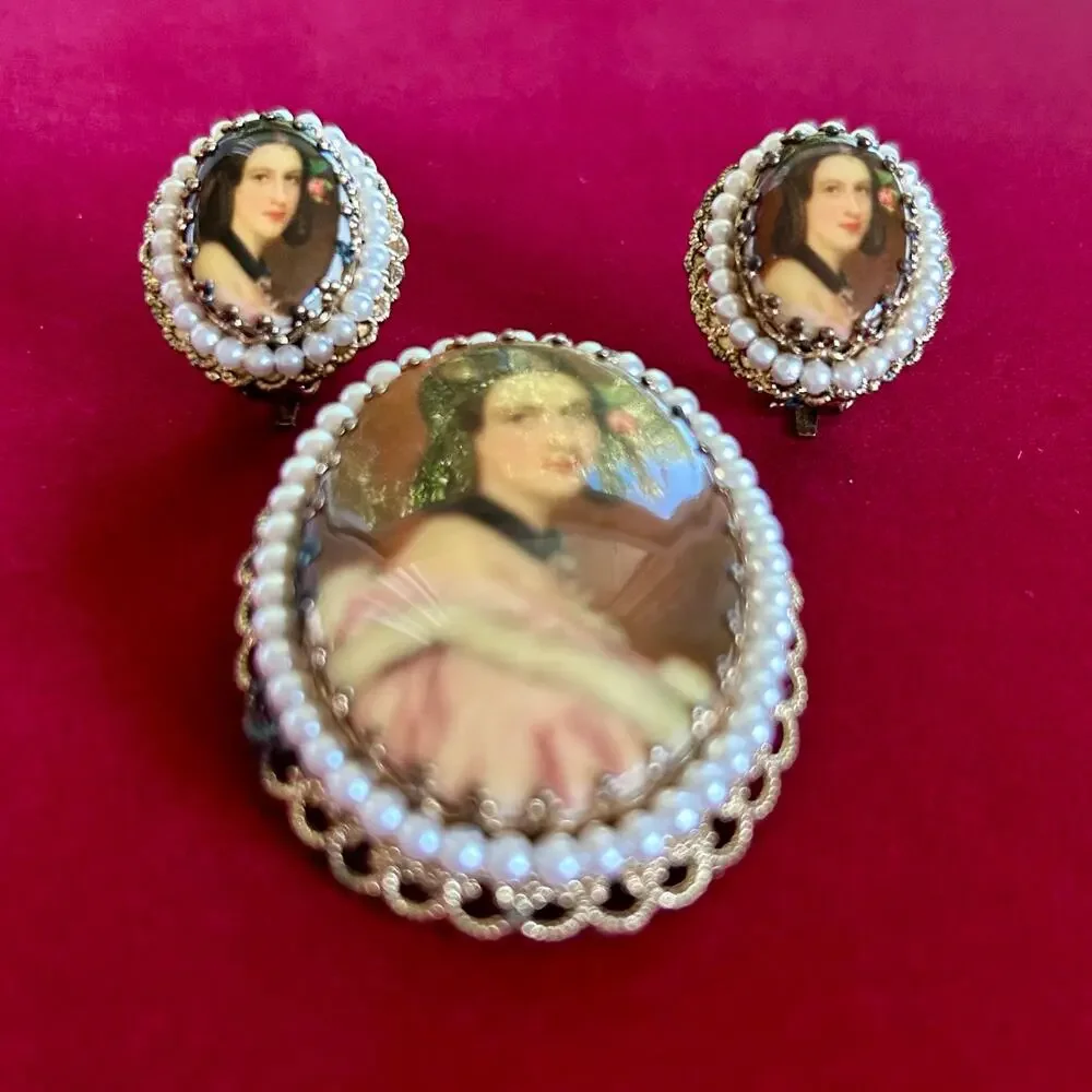 Vintage W. Germany Victorian Revival Cameo Brooch & Clip-On Earring Set